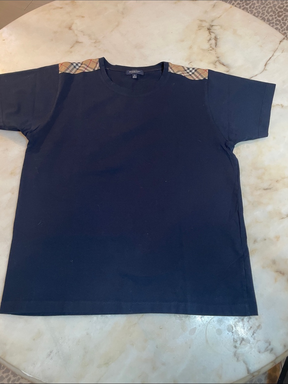 Burberry Navy Tee with Signature Check Shoulder Details